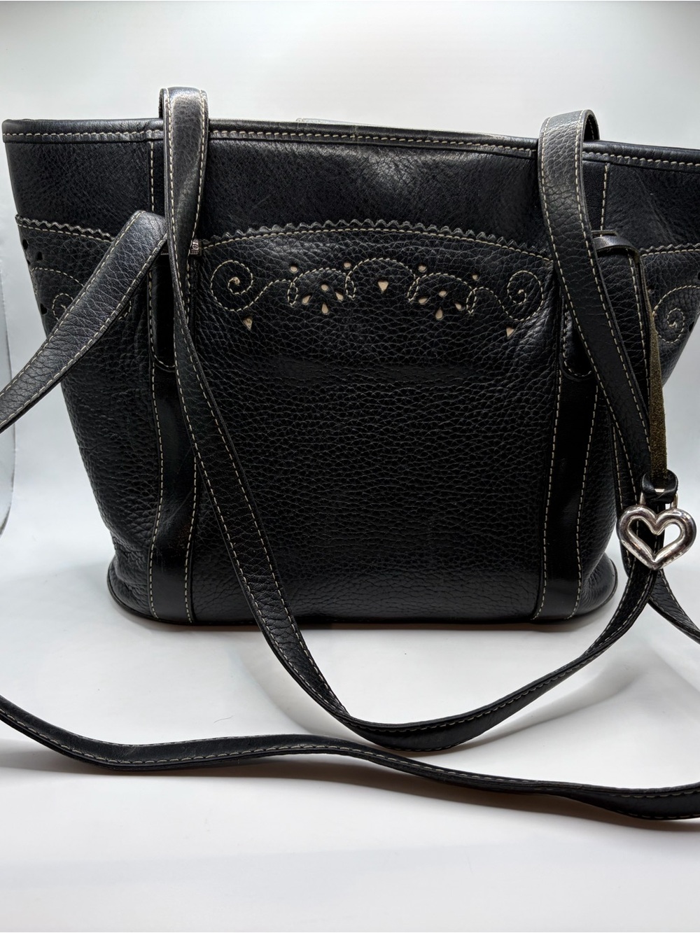 Vintage Brighton Black Leather Tote Bag with Heart Charm